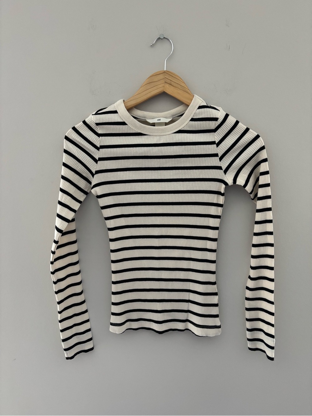 LOT OF 2 - H&M Black Cream Striped Ribbed Long Sleeve Top Women's Size XS